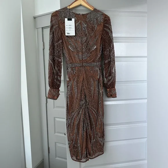 NWT MacDuggal Beaded Long Sleeve Wrap Over Midi Dress - Picture 2 of 4